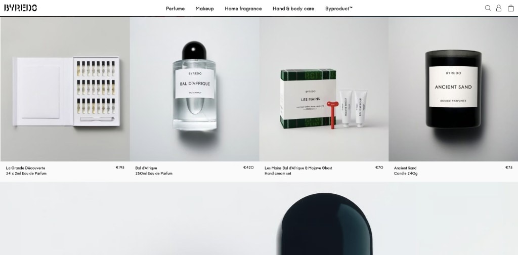 Byredo luxury e-commerce product grid with perfume and home lines