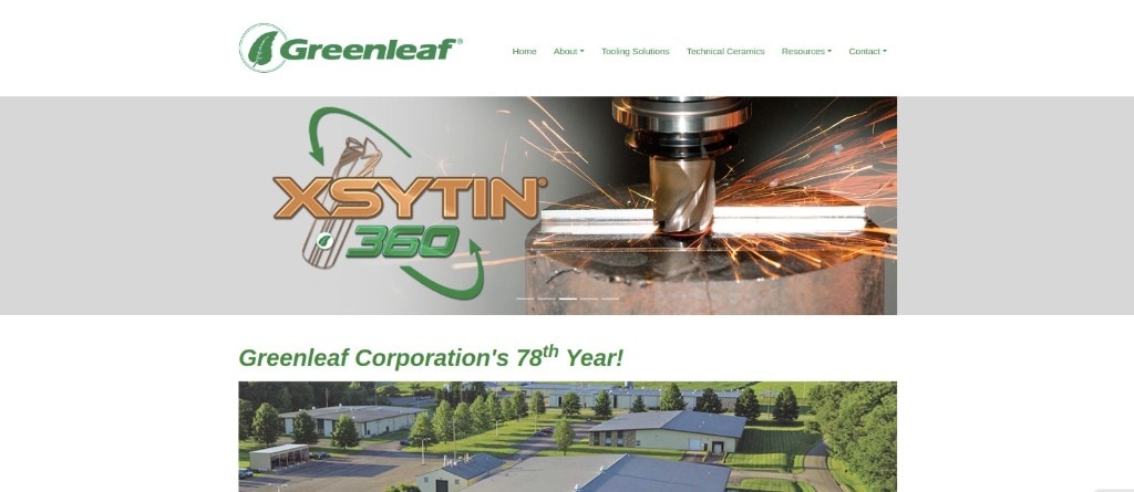 Greenleaf Corporation industrial tooling homepage with hero carousel