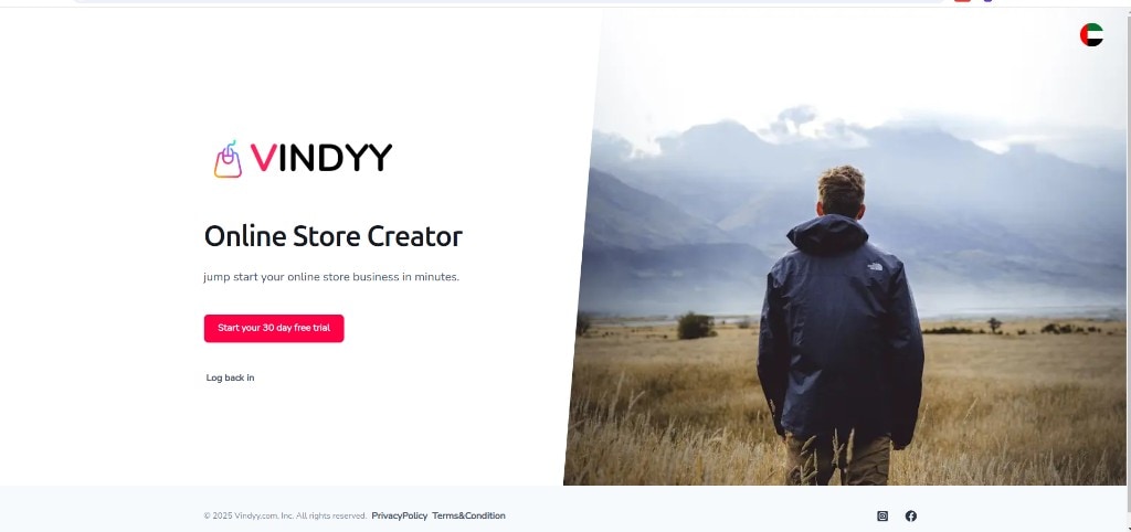 Vindyy online store creator split hero with landscape photography